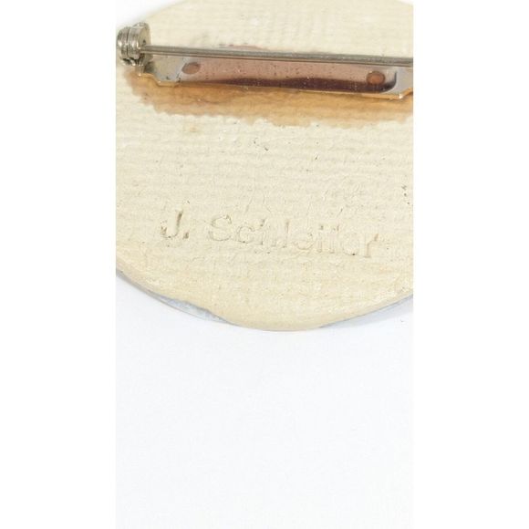 Round Artisan Signed Ceramic Brooch - Signed J. Scheilter Blue And Gold Toned - Picture 5 of 7